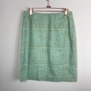 J. Crew Mint Green & Gold Paisley Straight Skirt